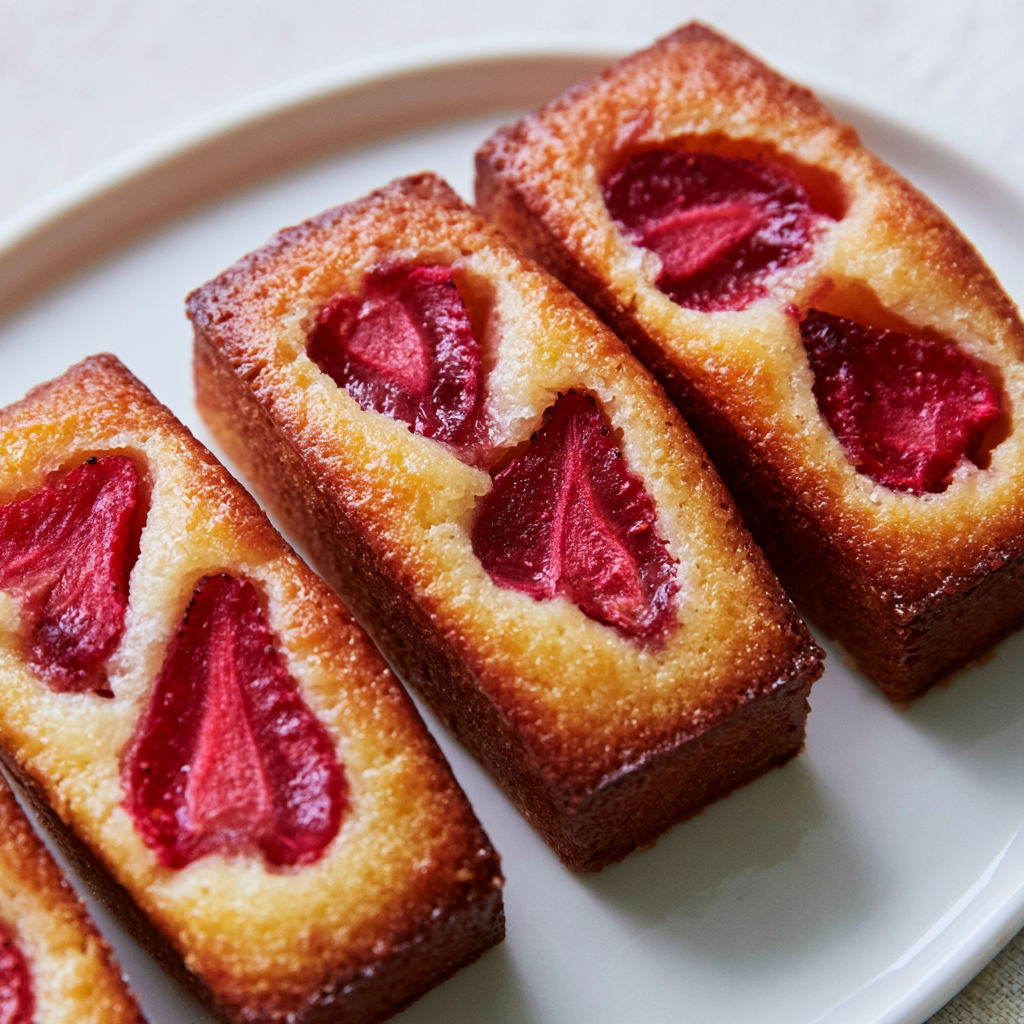 Des financiers tendres aux fraises mis en valeur sur un joli plateau.