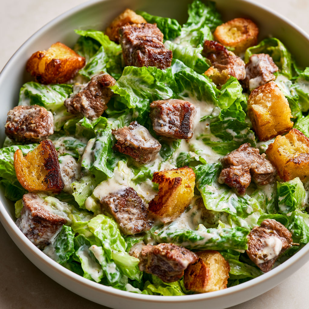 Un bol de César revisitée avec viande tendre, romaine et croûtons dorés sur une table.