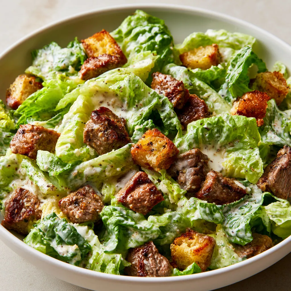 Salade César généreuse à l’agneau grillé et croûtons ailés.