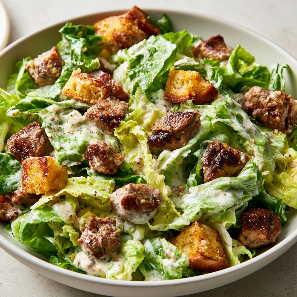 Salade César revisitée avec agneau grillé, parmesan et sauce citronnée onctueuse.