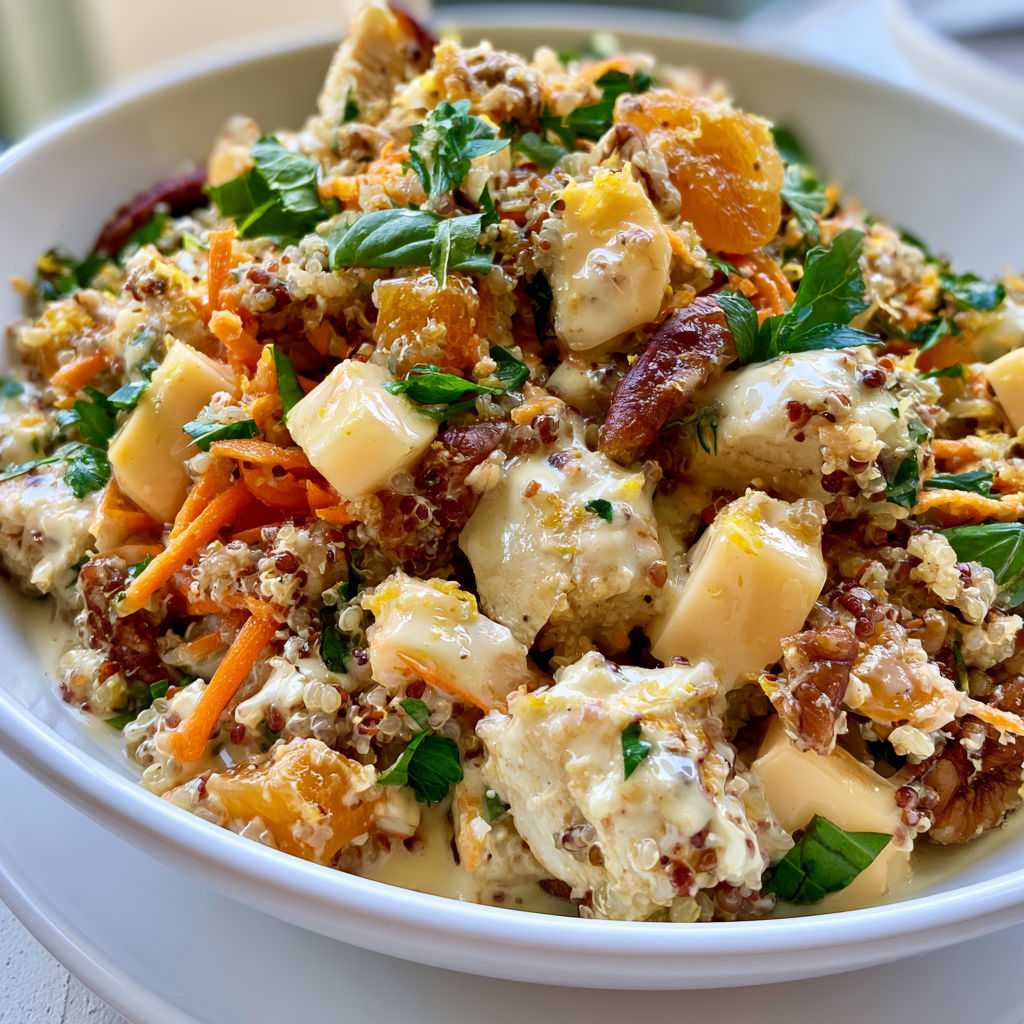 Un bol de quinoa garni de poulet, d'abricots séchés, de légumes et d'herbes fraîches pour un plat coloré.