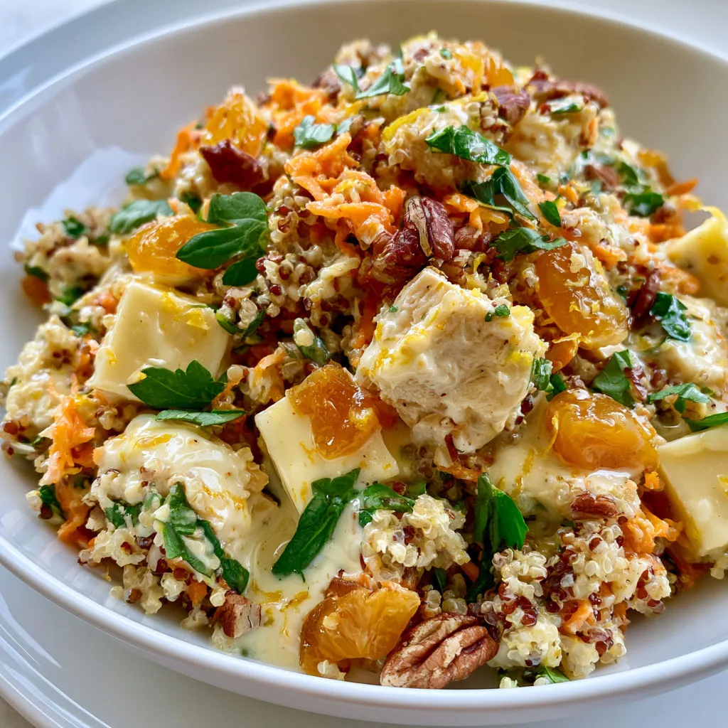 Salade Complète Quinoa Poulet Abricots et Noix Croquantes.