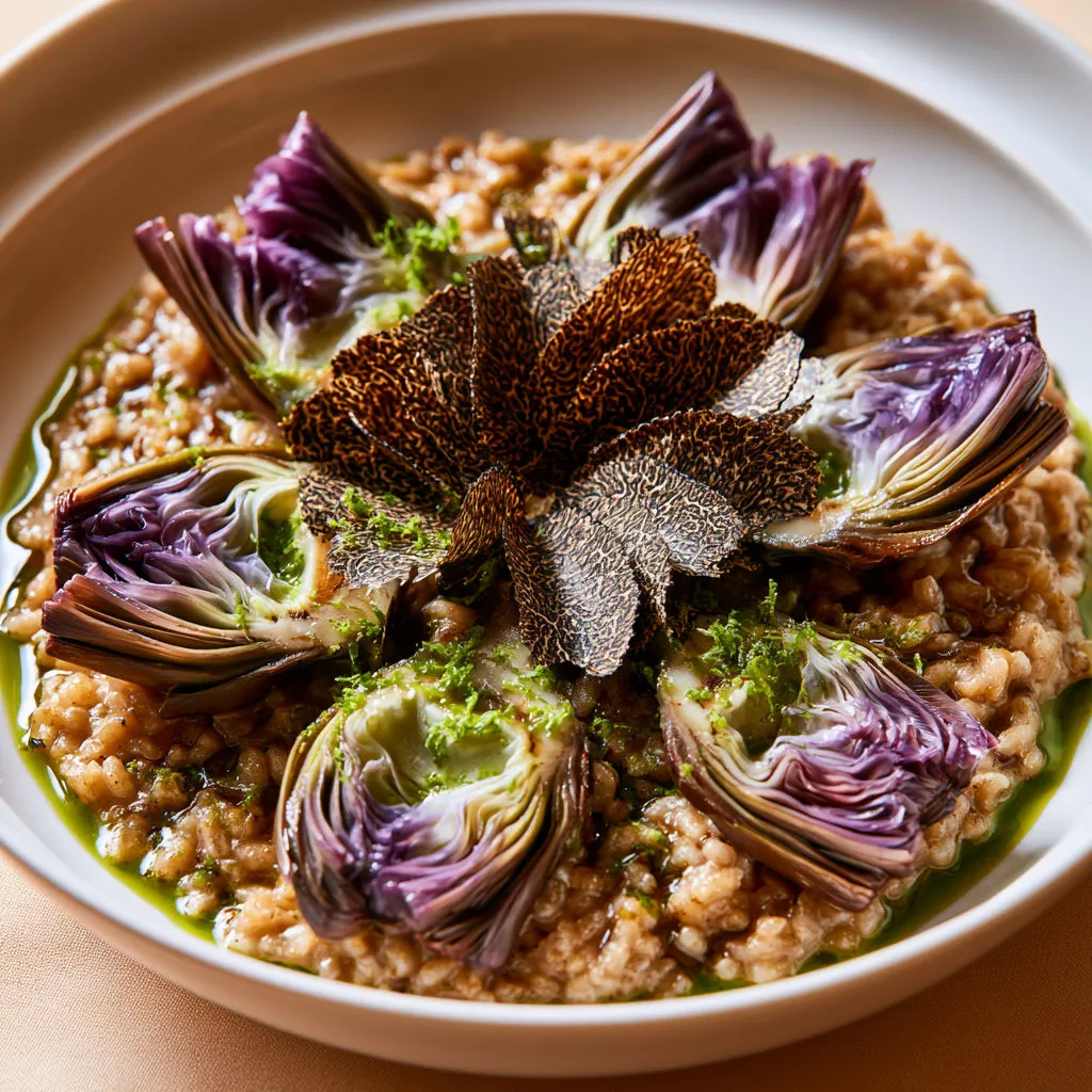 Risotto crémeux au petit épeautre, artichauts et truffe fraîche.