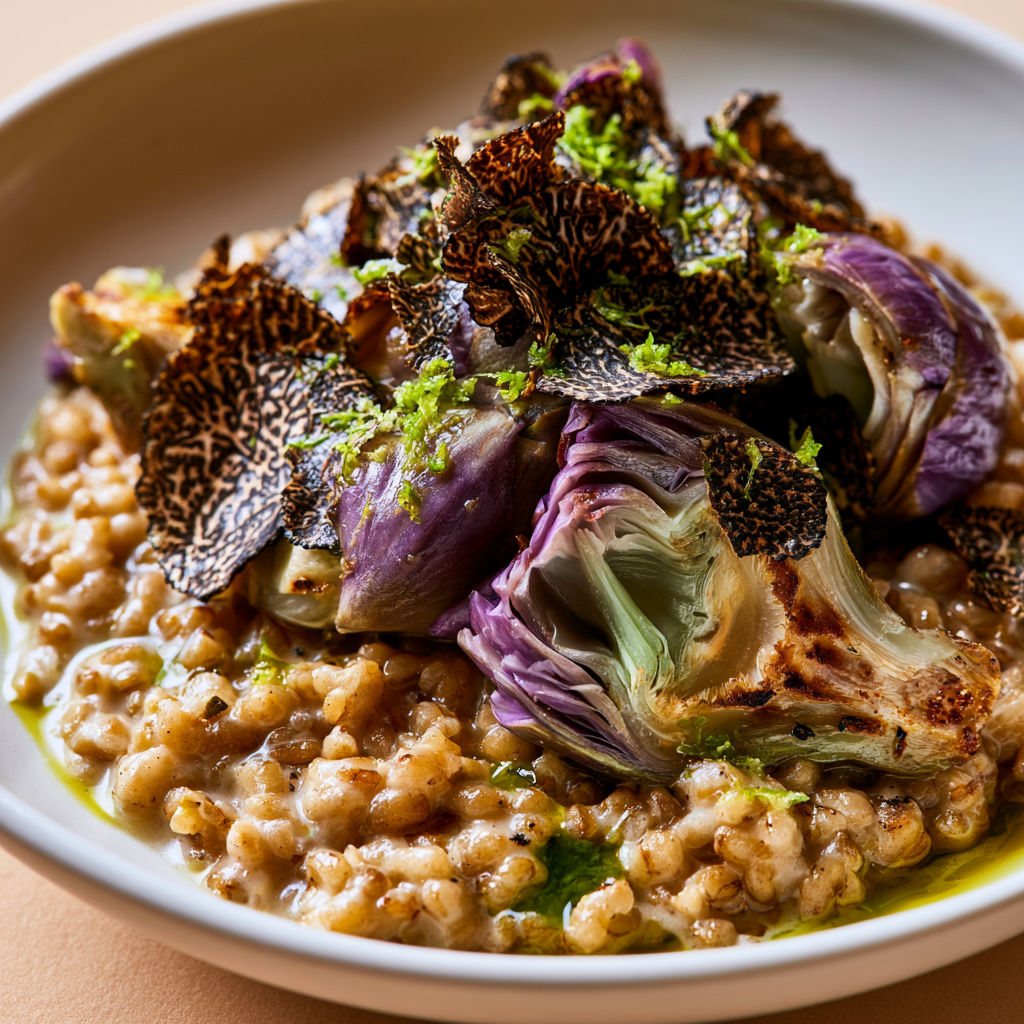 Épeautre crémeux façon risotto, artichauts moelleux, parfum truffe.