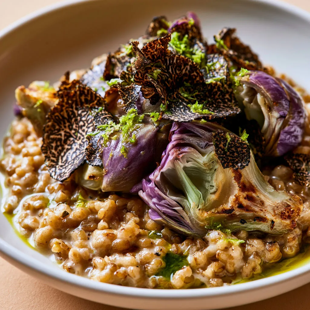 Épeautre crémeux façon risotto, artichauts moelleux, parfum truffe.