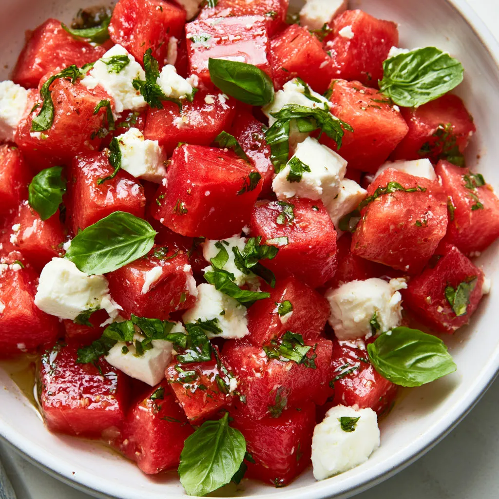 Salade fraîche pastèque feta et basilic arrosée de citron.