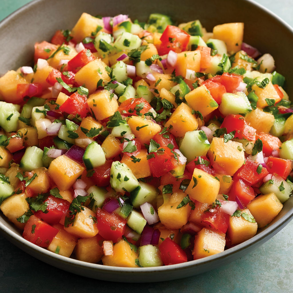 Un bol rempli de cantaloup, tomates et herbes fraîches pour un mélange savoureux.
