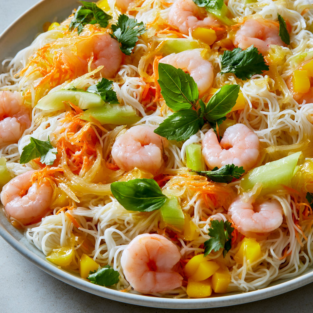 Délicieuses crevettes aux vermicelles légers et légumes croquants asiatiques.
