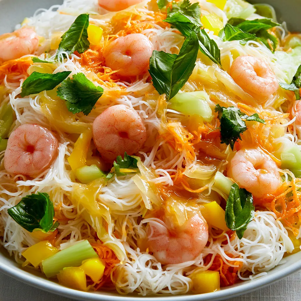 Salade froide de vermicelles de riz aux crevettes avec sauce asiatique.