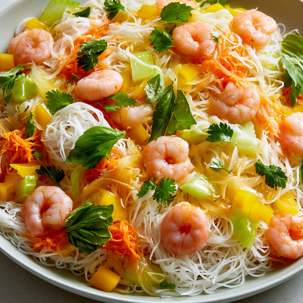 Salade Thaï de vermicelles de riz, crevettes, légumes croquants et sauce nuoc-mâm.