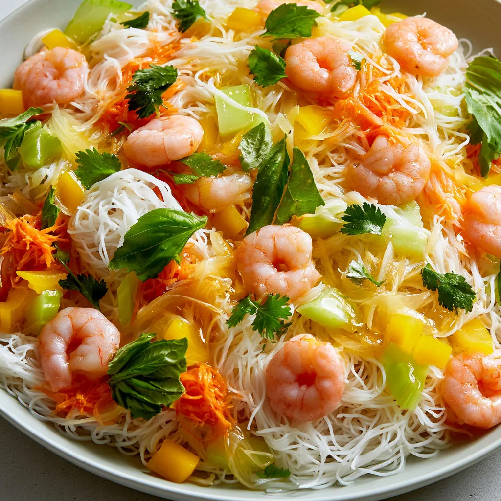 Salade Thaï de vermicelles de riz, crevettes, légumes croquants et sauce nuoc-mâm.