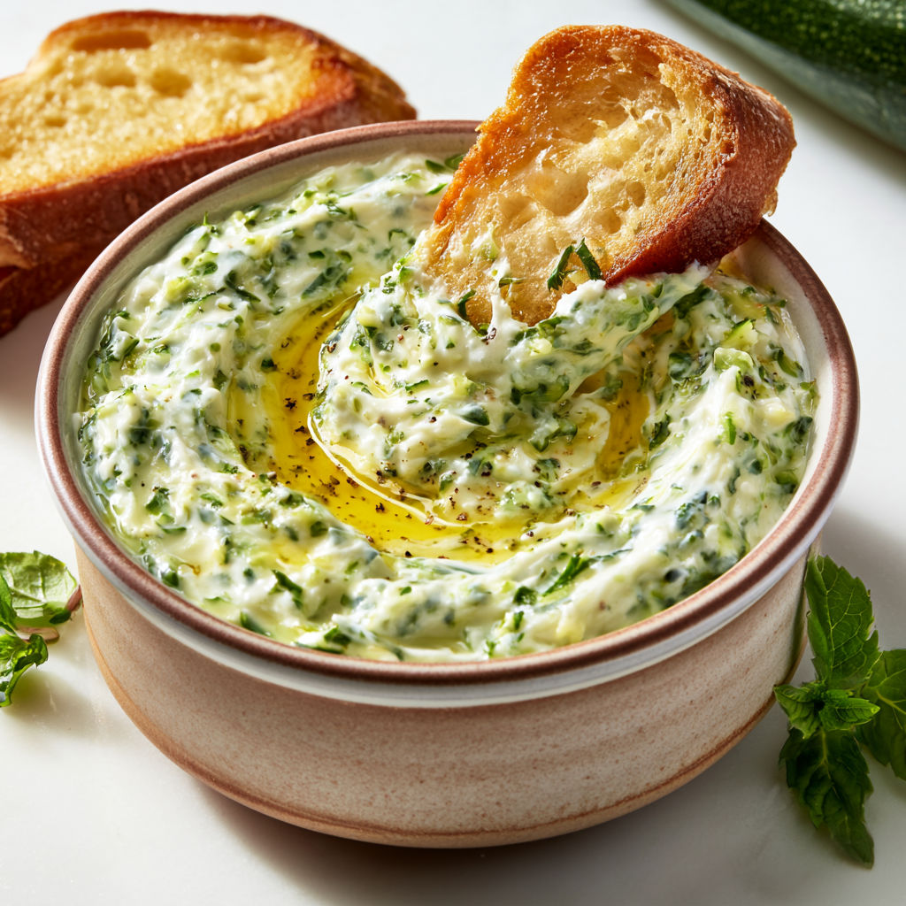 Tartine garnie de courgette et fromage de chèvre frais, décorée d’herbes.
