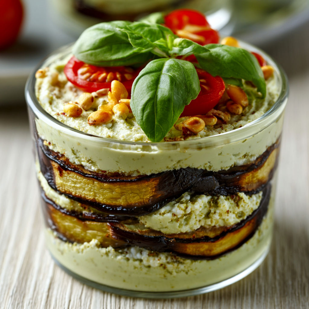 Un plat froid dans un verre avec aubergine, ricotta et pesto, présenté joliment.