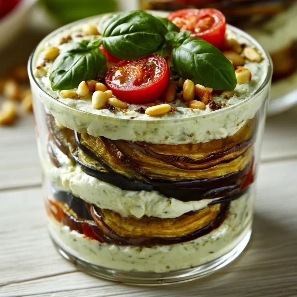Duo Frais d’Aubergines, Ricotta et Pesto maison.