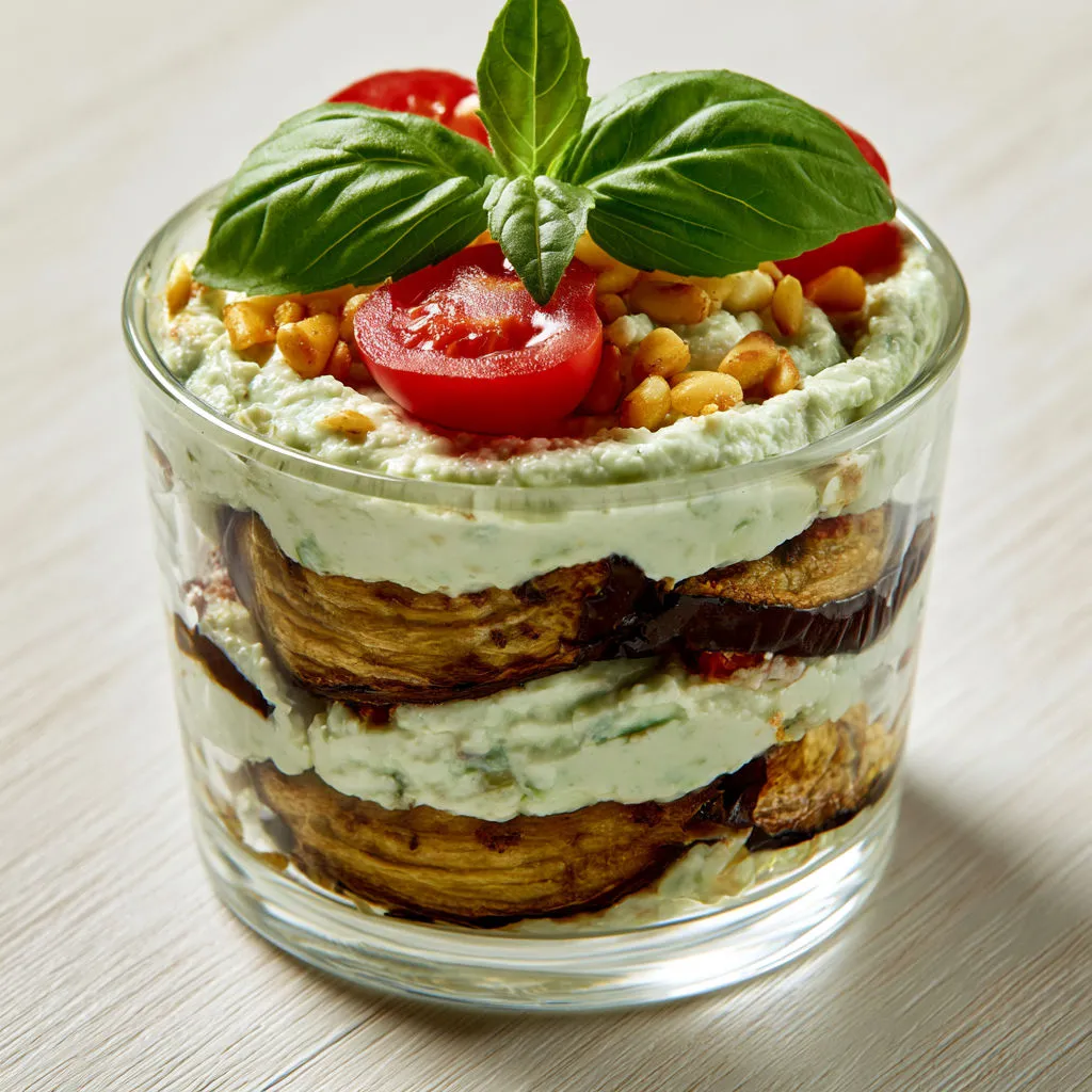 Tranches d’aubergines fondantes, crème ricotta-pesto et herbes fraîches du jardin.