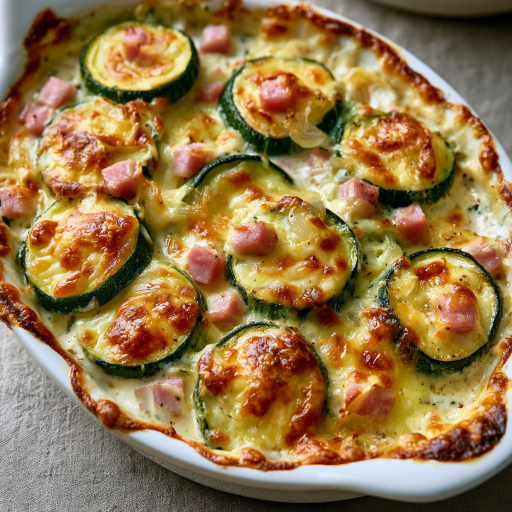 Un gratin doré avec des courgettes, jambon et fromage.