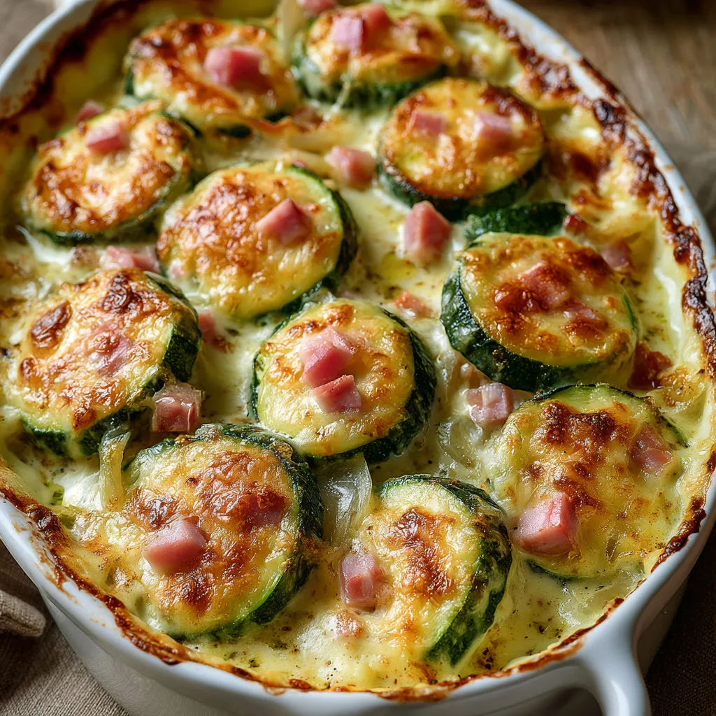 Plat gratiné fondant de courgettes, jambon et comté doré.
