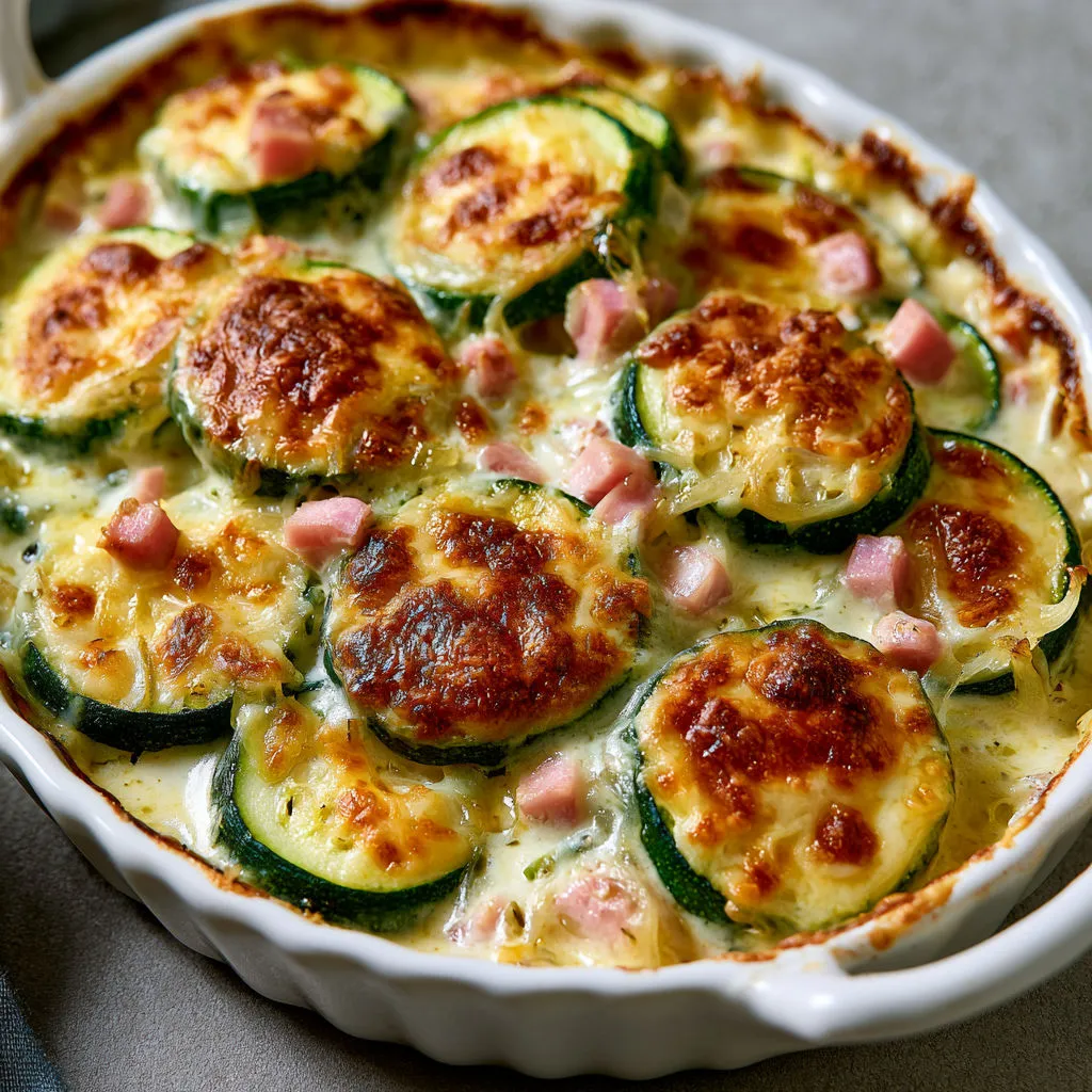 Courgettes en sauce crémeuse, jambon et comté grillé au four.