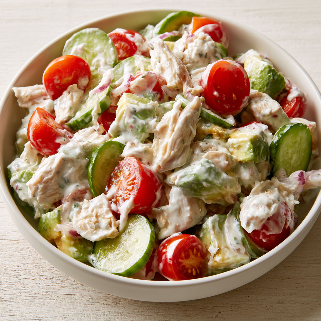 Un savoureux mélange de poulet, avocat et légumes frais.