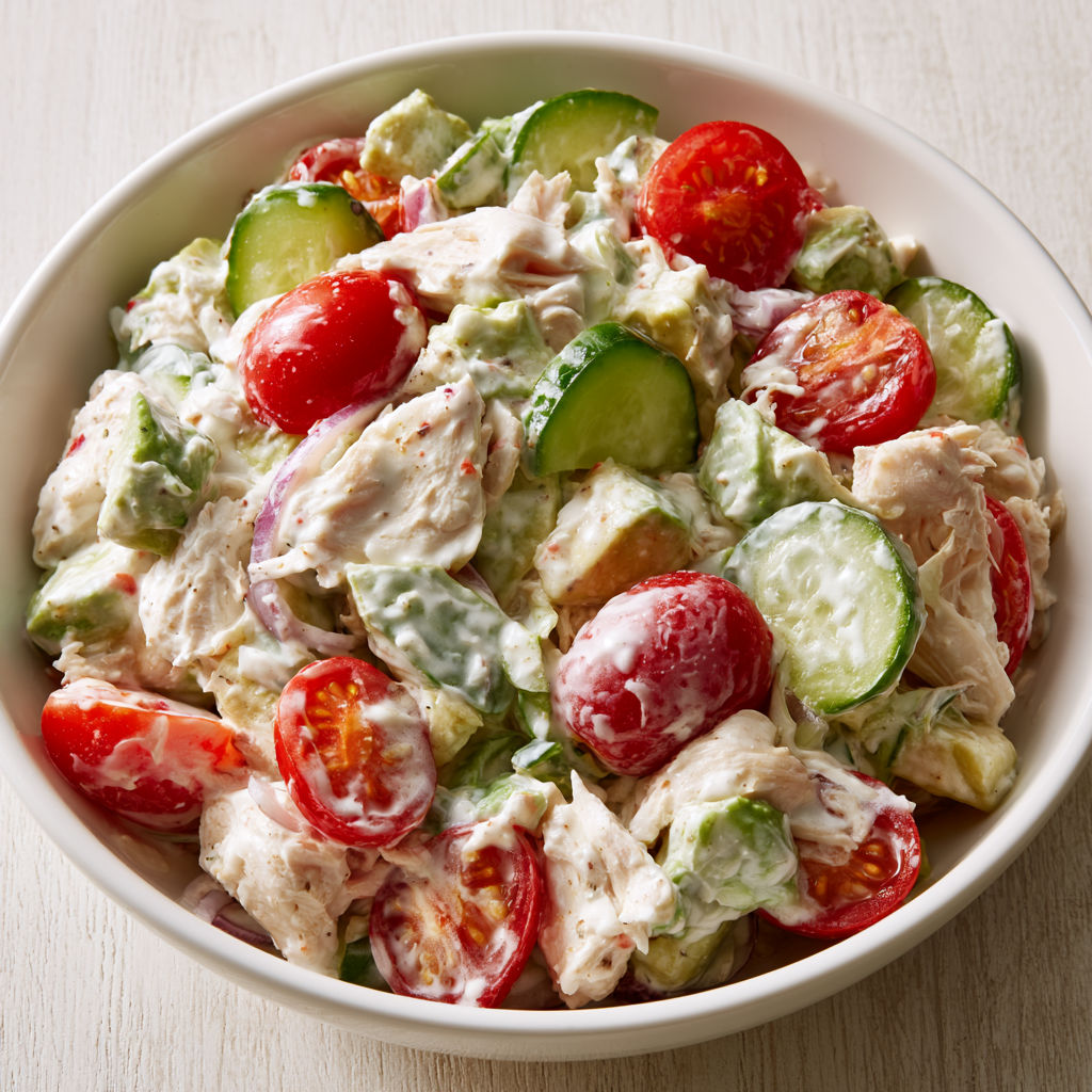 Salade fraîche de poulet, avocat et concombre, légère et gourmande.