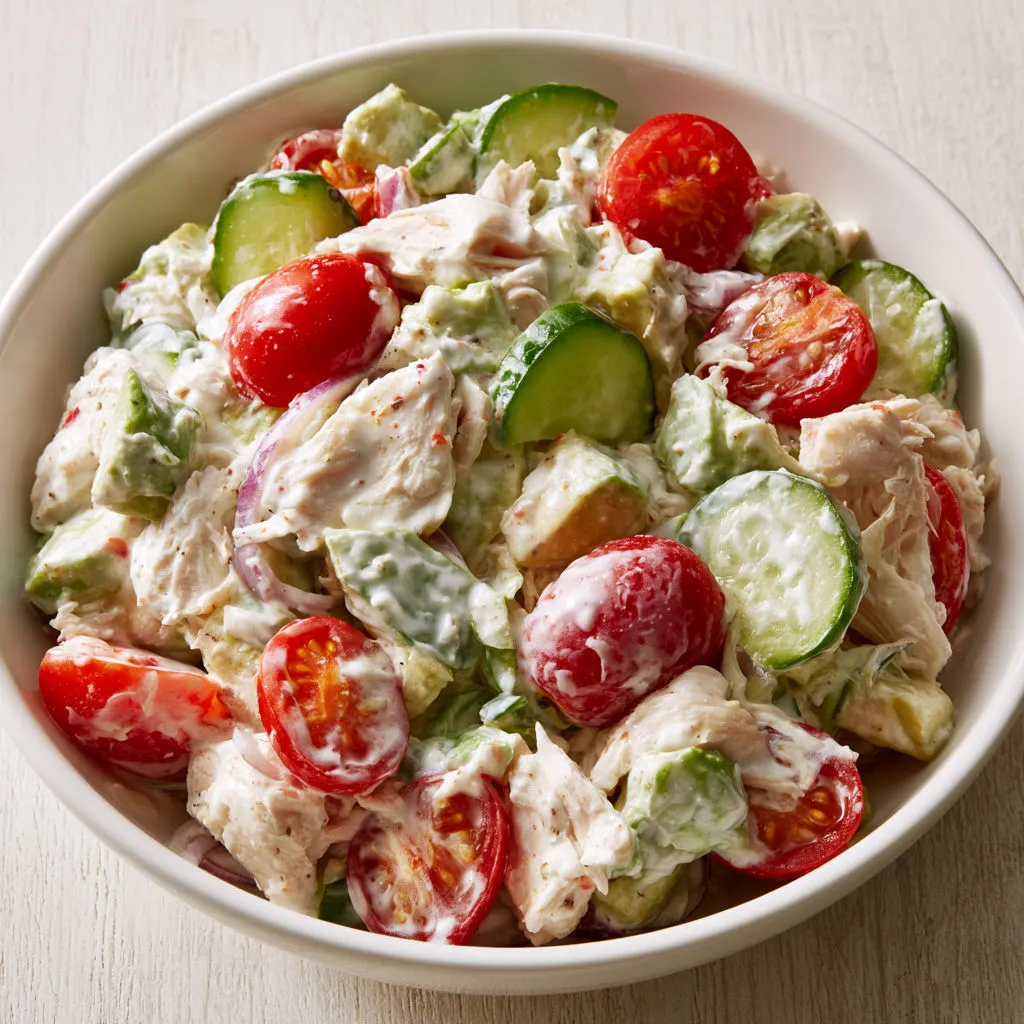 Salade fraîche de poulet, avocat et concombre, légère et gourmande.
