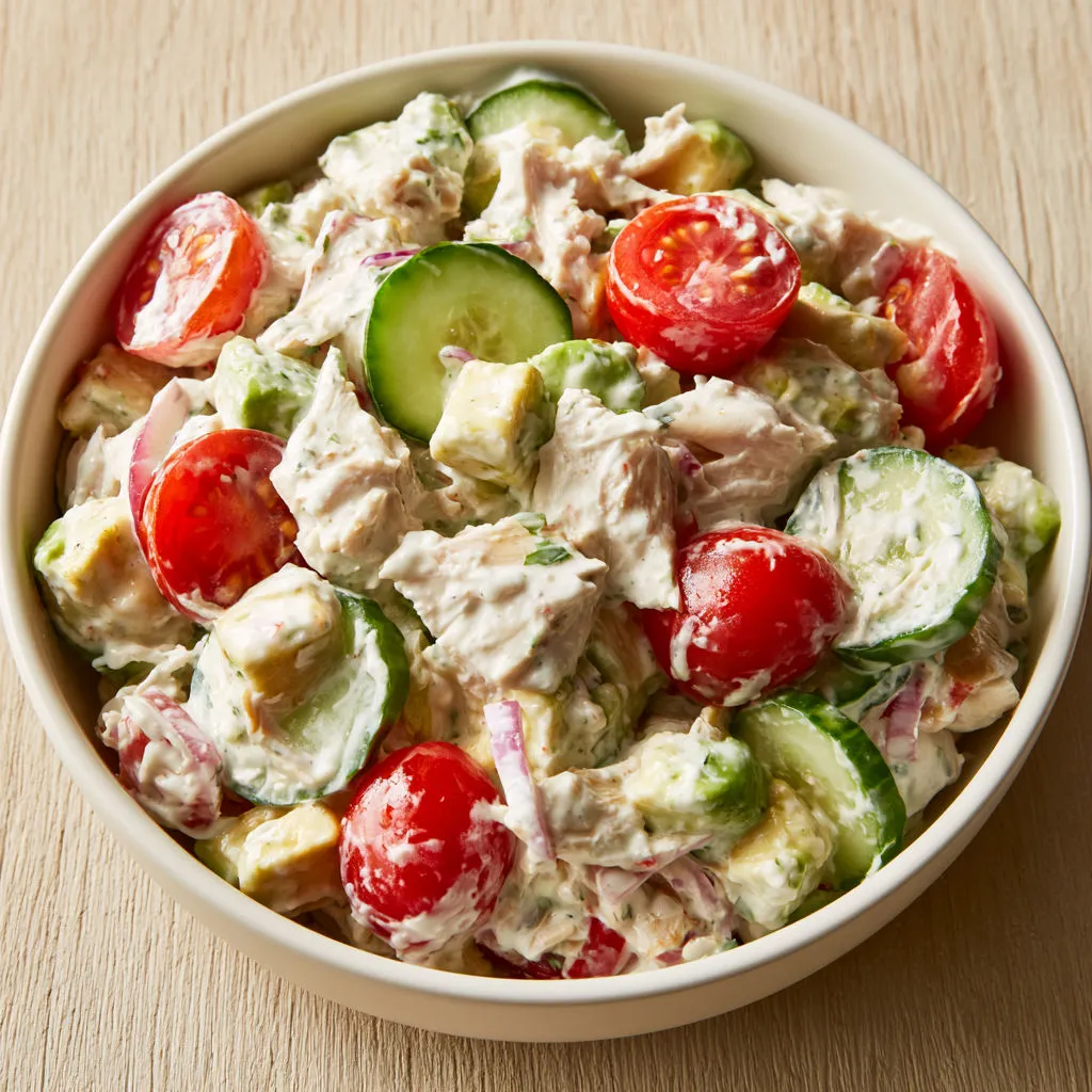 Salade complète poulet avocat, sauce légère au yaourt.
