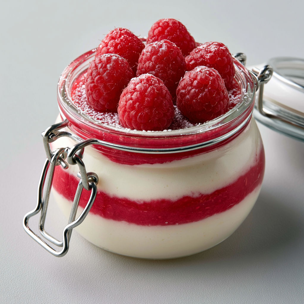 Un mélange de framboises et mousse servis dans un verre.