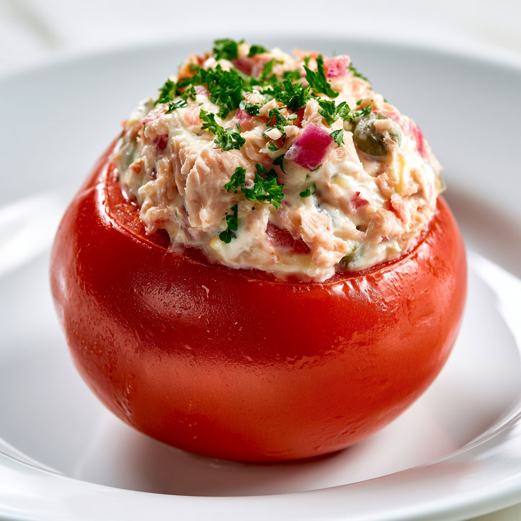 Tomate garnie de thon et persil servie sur une assiette blanche.