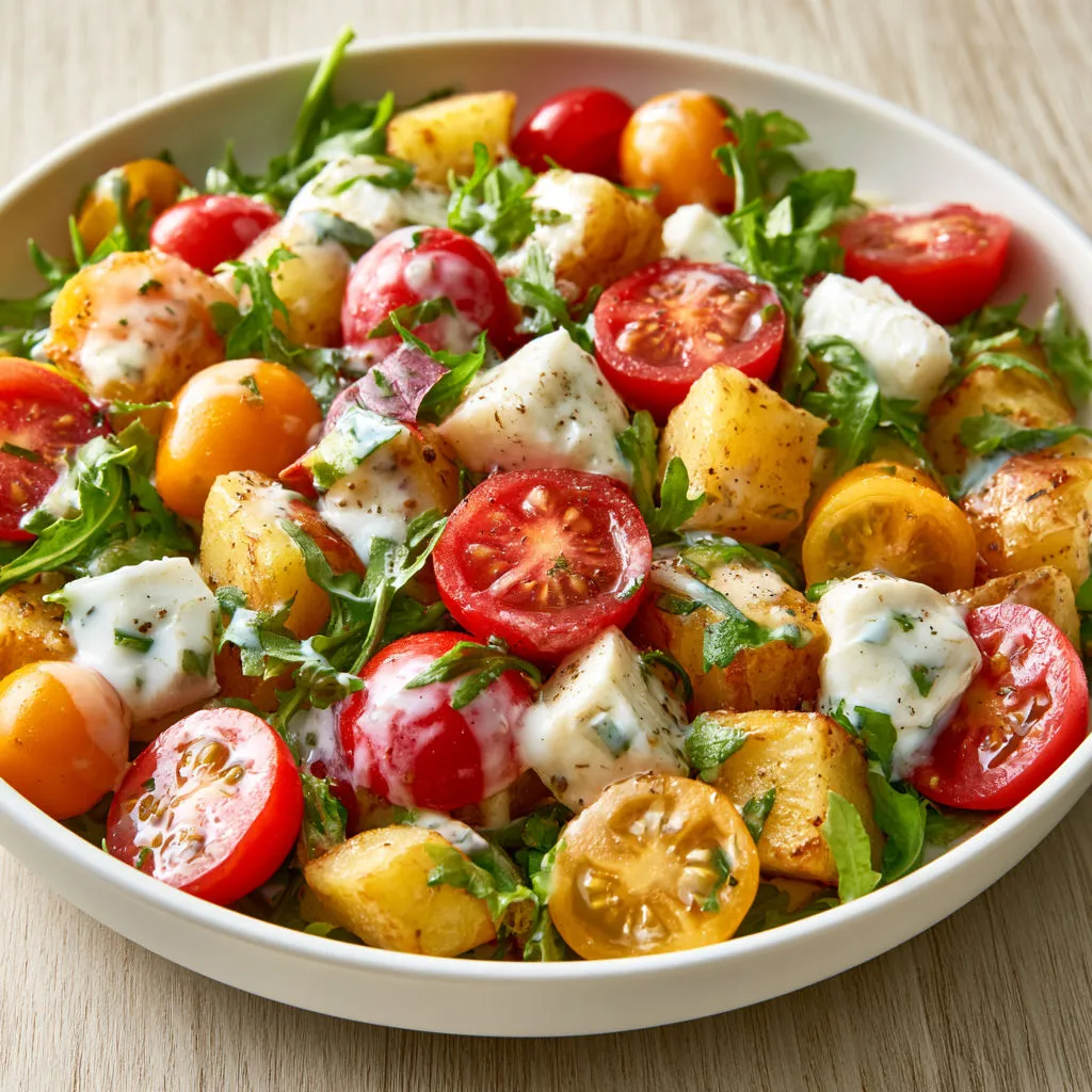 Salade Gourmande avec Pommes de Terre, Mozzarella et Tomates Cerises Sauce Douce.
