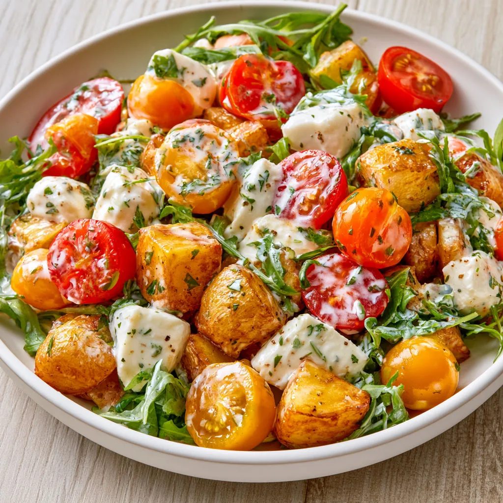 Salade Méditerranéenne aux Pommes de Terre, Roquette et Mozzarella Fondue.