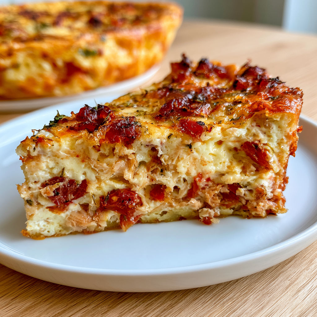 Une coupe de flan moelleux garni de tomates et thon sur une assiette blanche.