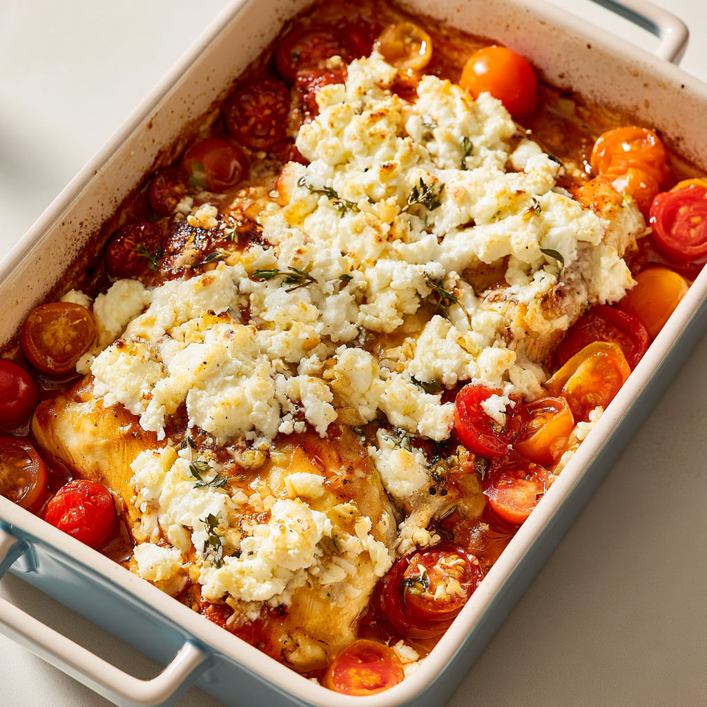 Un plat de poulet doré avec feta fondante et tomates cerises.