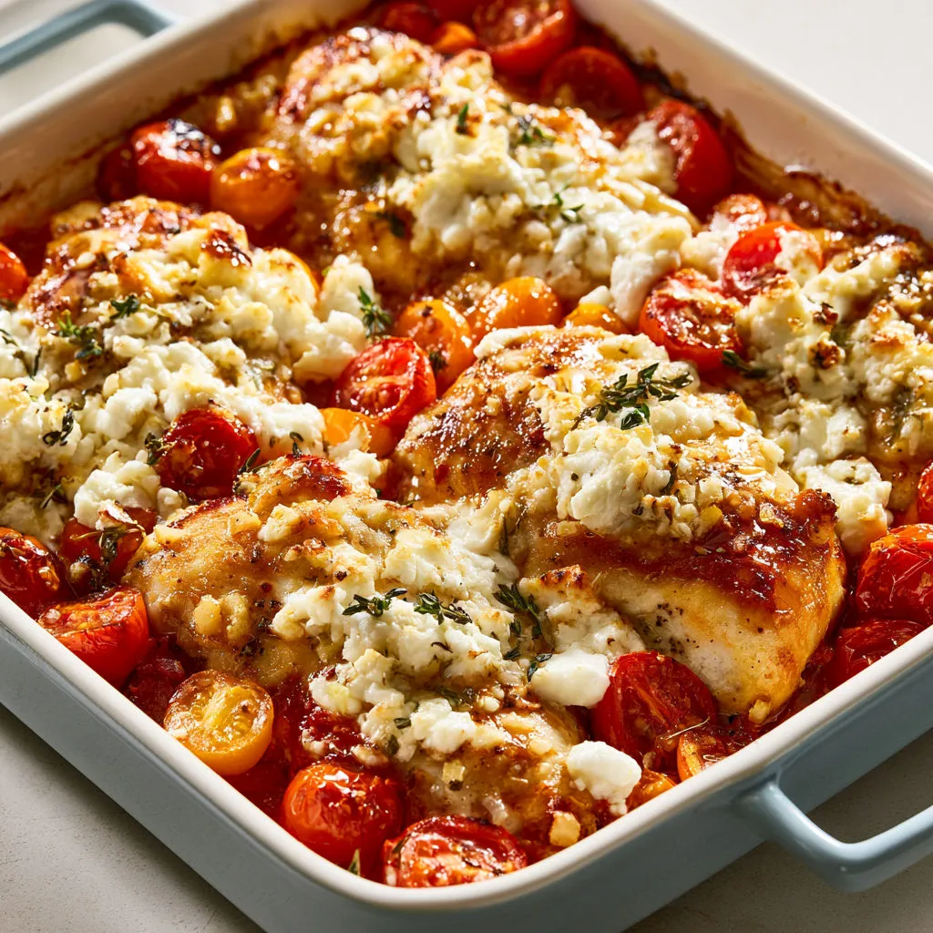 Gratin de Poulet aux Tomates Cerises et Feta bien Fondante sorti du Four.