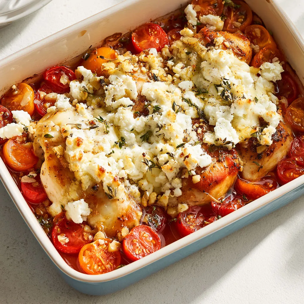 Aiguillettes de Poulet Savoureuses à la Feta et Tomates Cerises, tout doré et parfumé au thym.