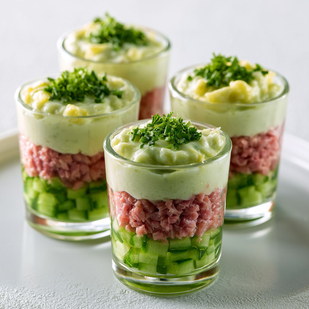 Des verrines fraîches avec concombre, jambon et Boursin.