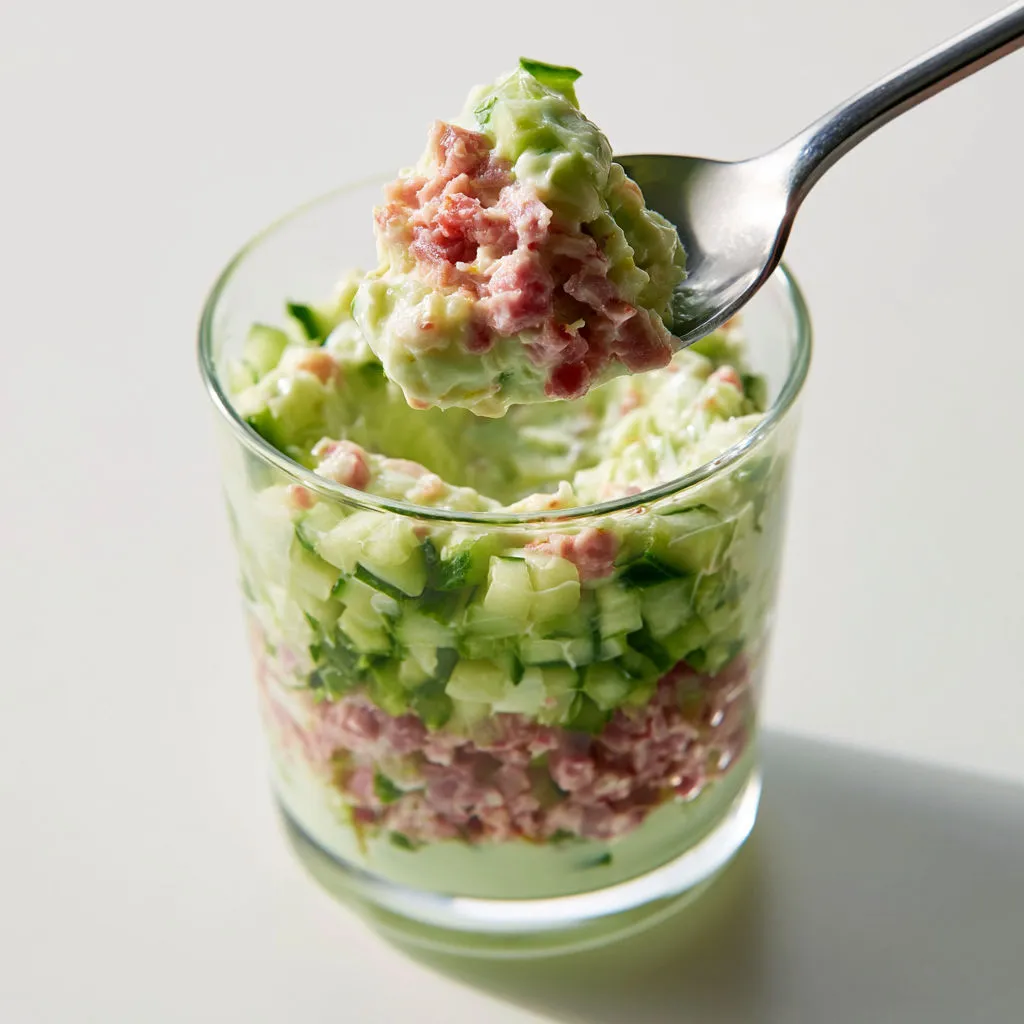 Verrines ultra fraîches concombre, jambon et Boursin crémeux.