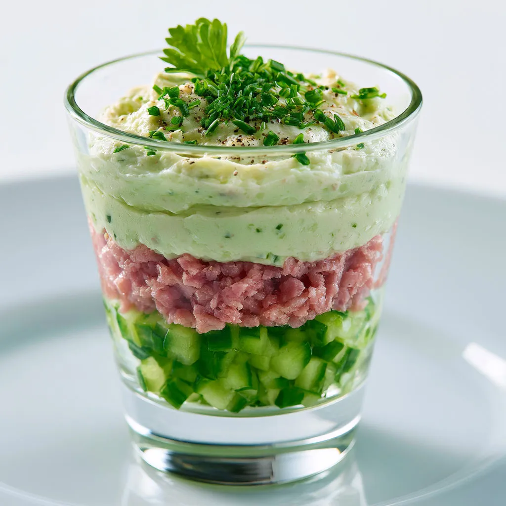 Entrée express en verrine avec concombre croquant, jambon, et Boursin bien crémeux.