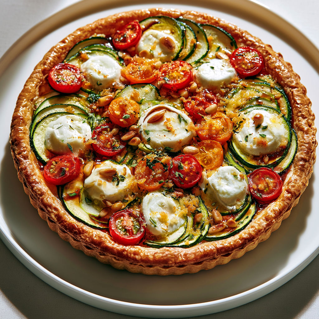 Tarte d’été express au chèvre, pesto rosso et légumes ensoleillés.