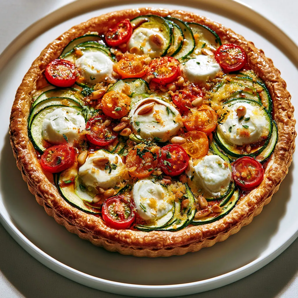 Tarte d’été express au chèvre, pesto rosso et légumes ensoleillés.
