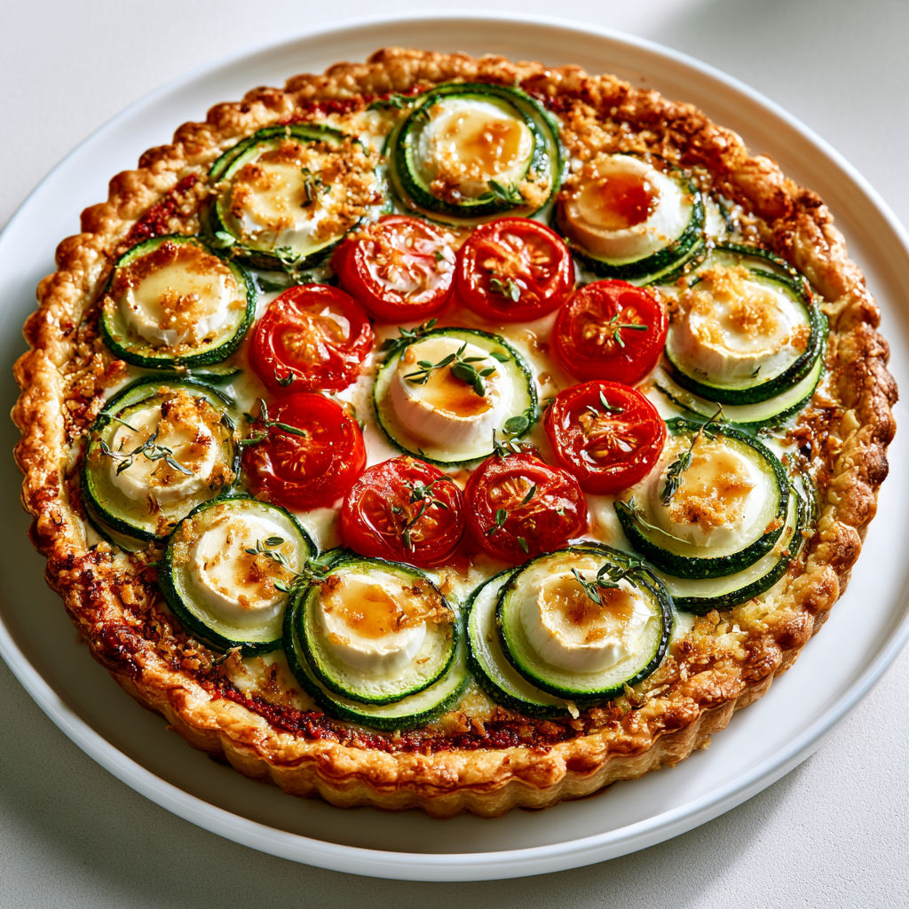 Tarte généreuse courgettes-tomates rôties, chèvre et pignons dorés.