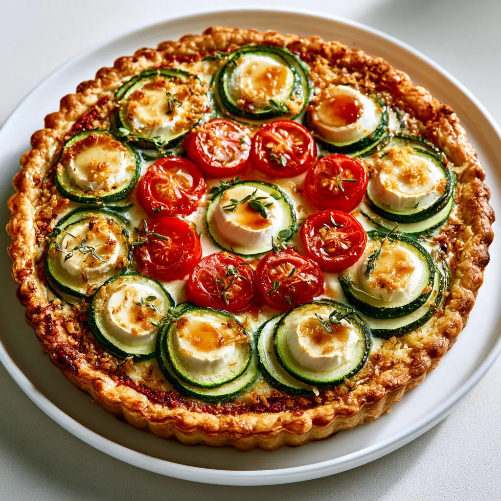 Tarte généreuse courgettes-tomates rôties, chèvre et pignons dorés.