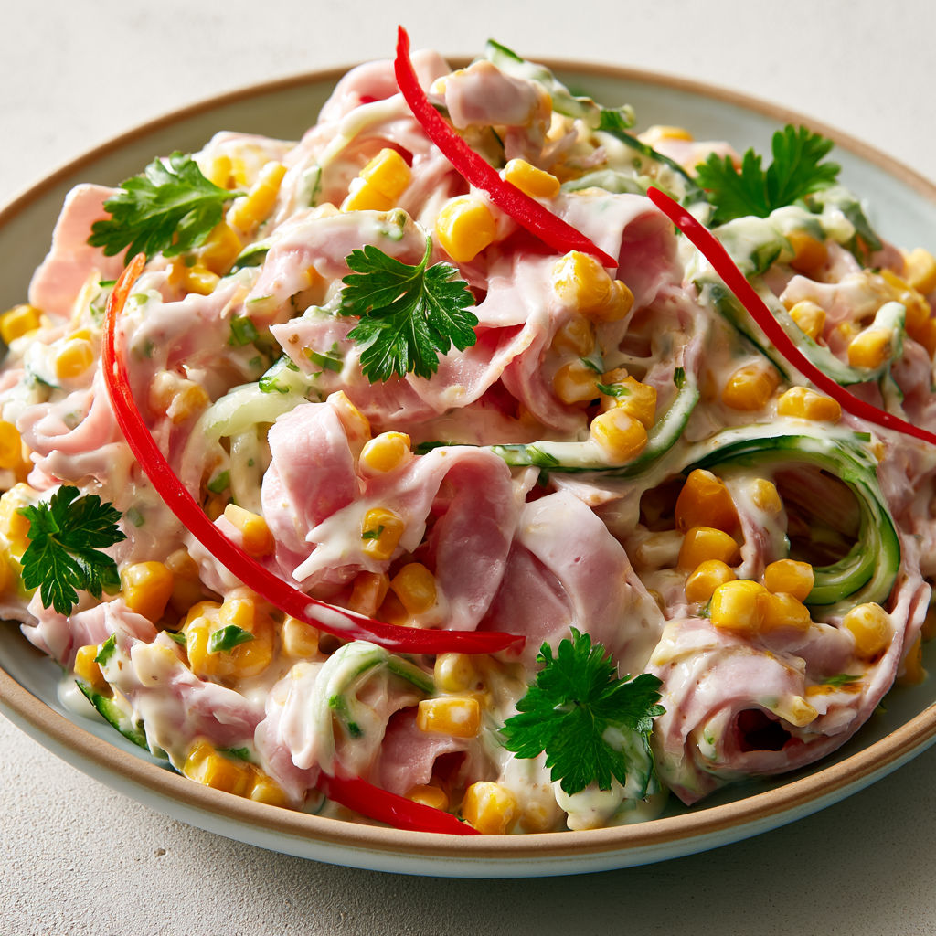 Ensemble croquant de tagliatelles de concombre, jambon et maïs pour une salade légère.