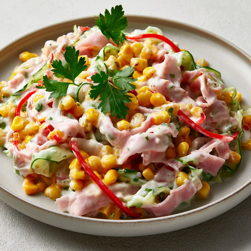 Salade fraîche avec jambon, concombre et maïs.