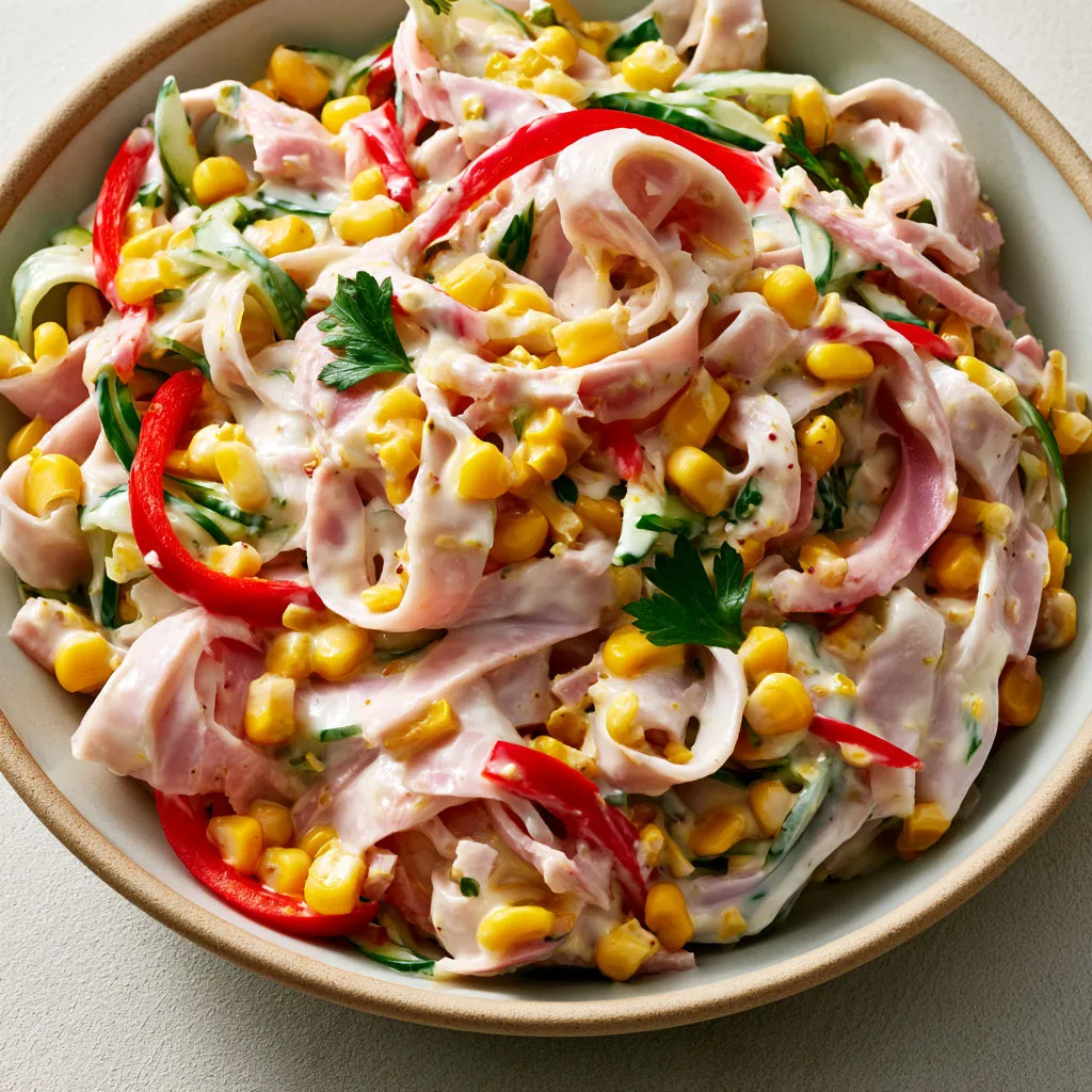 Salade fraîcheur croquante avec concombre, jambon et légumes au maïs.