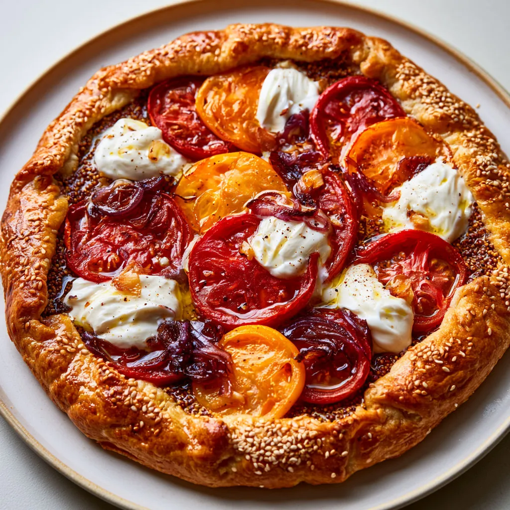Tarte express tomates et oignons rouges avec moutarde et miel.