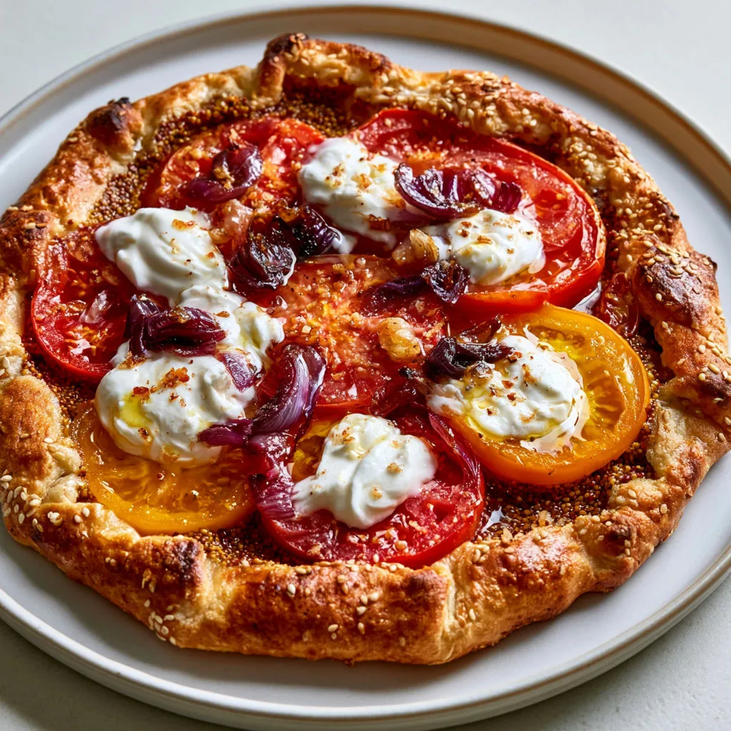 Tarte salée tomate et oignons caramélisés sur fond maison.