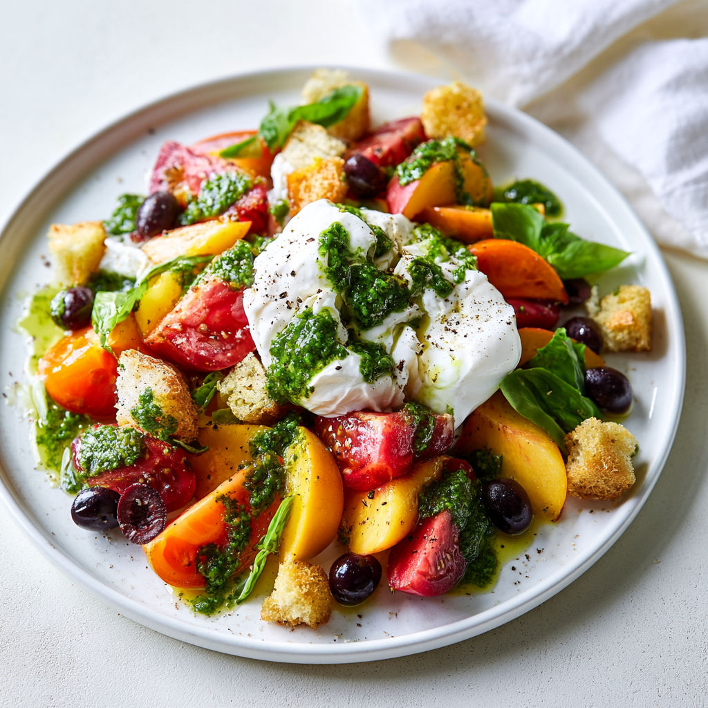 Tomates et pêches accompagnées de burrata avec sauce chimichurri.