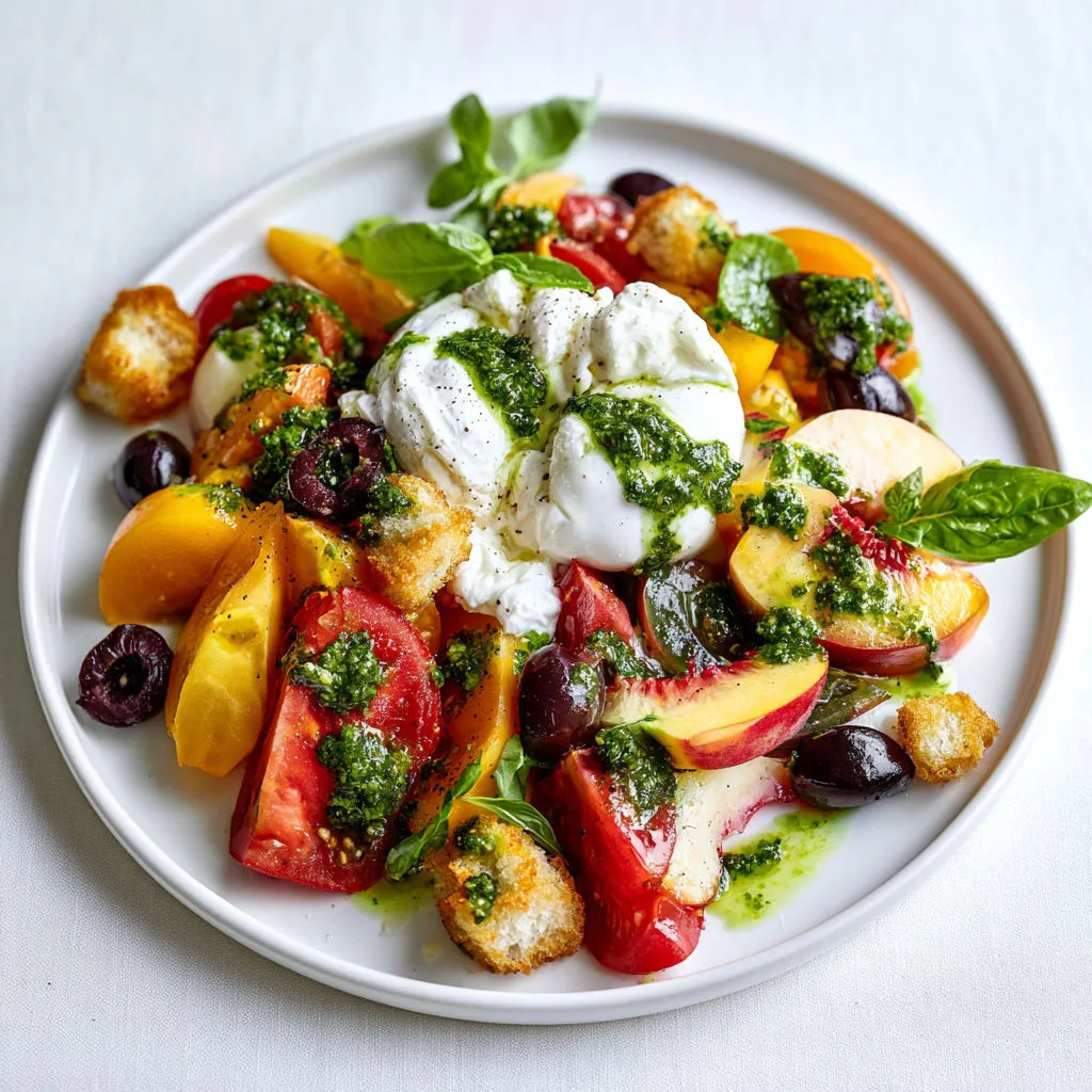 Plat coloré tomates, pêches, burrata et sauce basilic.