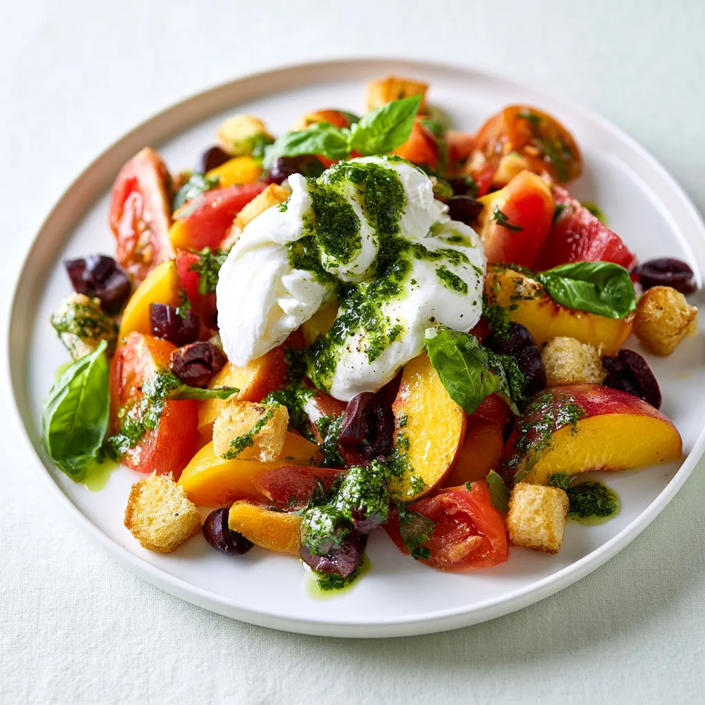 Salade d’été tomates, pêches, burrata et vinaigrette chimichurri facile.