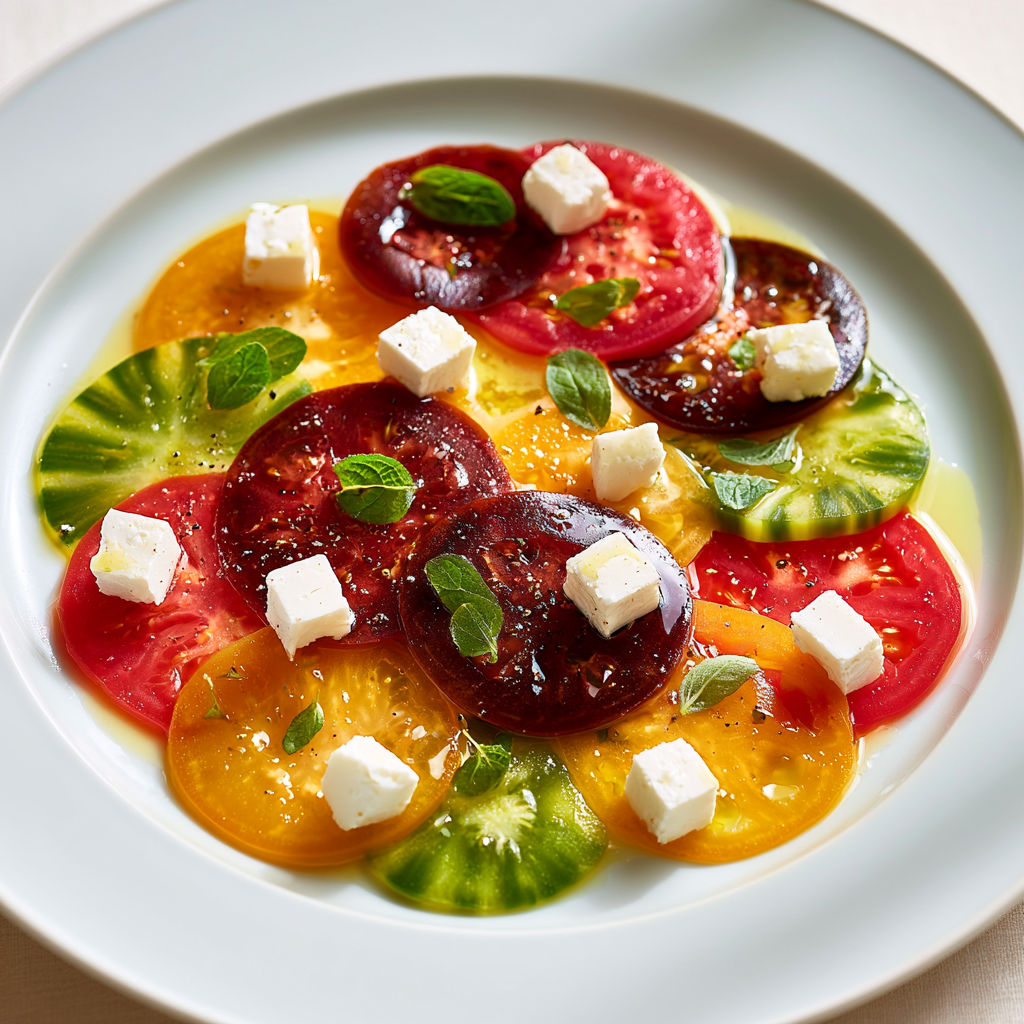 Tomates en tranches avec fromage de chèvre et marjolaine.